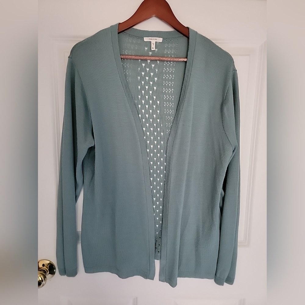 Maurices Size XL Open Cardigan Light Green Pointelle Stitch Detail Back Long Slv